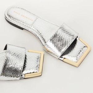 Good American Stand Out silver metallic slide sandal gold metal square toe flat